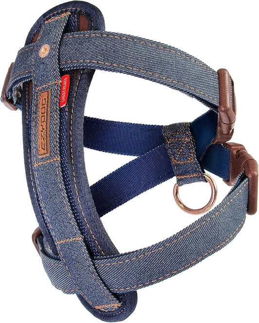 EzyDog Chest Plate No Pull Dog Harness – Escape Proof Harness with Reflective Stitching and Comfort Padding for Easy Walks, Training & Control - Car Restraint Included (Small, Denim)