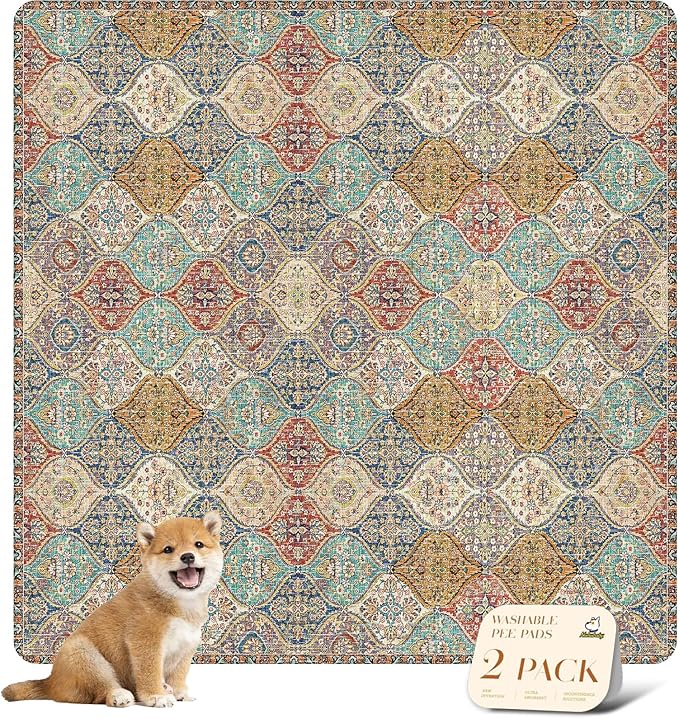 nunubaby Washable Pee Pads for Dogs, Stylish, Non-Slip and Leak-Proof Pee Pads. Reusable Potty Pads for Dogs for Crates and Floors.(Cream/Multi, 54" x54" )